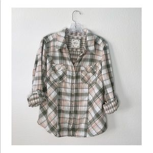 STYLE & CO Sage Green/Pink Plaid Button Down